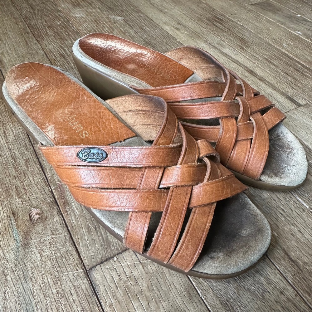 Vintage 80s Bass Sunjuns Women's Brown Leather Woven Wedge‎ Slide Sandals 7.5